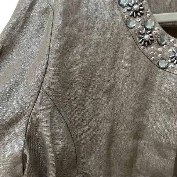 Chico’s 100% Linen Taupe Metallic Open Front Jacket Jeweled Neckline Sz S - Picture 8 of 11